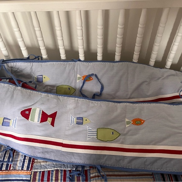 Pottery Barn Kids Baby nursery bedding blue Patchwork Fish Nautical quilt bump - Picture 4 of 7